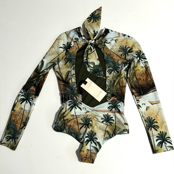 Johanna Ortiz El Palmar Palm Printed Rash Guard One Piece Swimsuit S surf beach - Picture 2 of 8